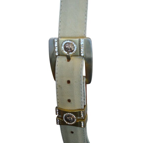 Vintage Cream Bone Leather Gold Tone Jeweled Lion Mens Belt Size 42 Cowboy Bling - Picture 3 of 12